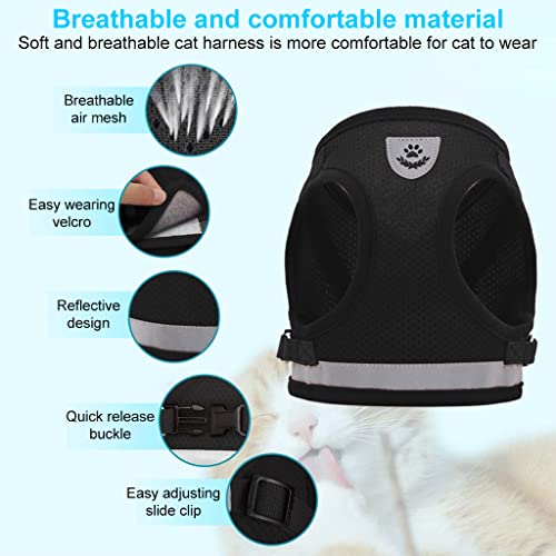 Qpets® Cat Harness for Small Pets Adjustable Belt with Safety Reflective Strip Breathable Vest Mesh Fabric Accessories Leash Black Suitable for 1-2.5 KG 2PCS