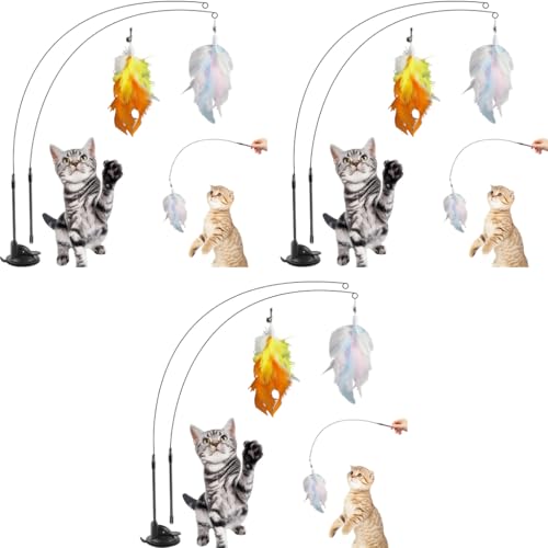 Qpets® Cat Feather Toy Feathered Teasing Wand Dual-Wire Flexible Suction Cup Colored Floor 3 PCS