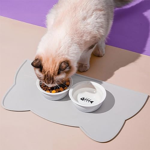 Qpets® Pet Feeding Mat Dog Cat Food Silicone Easy Cleaning Anti-Slip Floor Tray Grey 44x24cm 2 PCS