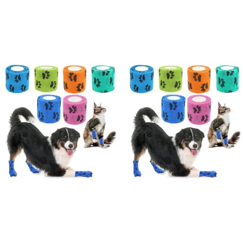 Qpets® 6PCS Dog Bandages for Walk Self-Adhesive Pet with Cute Paw Print Design Waterproof Non-Woven Cat Injury Recovery Wrap Lick-Proof Breathable 7.5x5.4cm Total Length 4.5M
