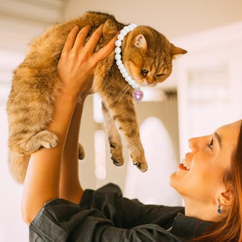 Qpets® Jewelry Cat Collar Pet Necklace with Pink Rhinestone Heart Charm Pearl Adjustable Puppy Valentine's Day Gift Photography Prop S 20-25CM 2 PCS