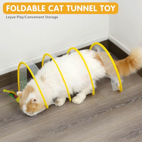 Qpets® Cat Tunnel for Indoor Cats Elastic Spring Playing Toys with Feather Tail Teaser Toy Small Pet 2 PCS