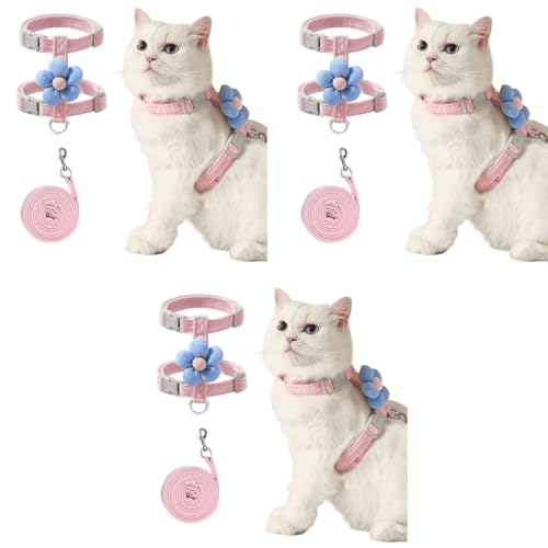 Qpets® Cat Harness with Leash, 3Pack Set for Small Cats with Quick Release Buckle, Escape-Proof Cute Flower Belt for Outdoor Walking Travel Chest 25-41cm Neck 20-30cm
