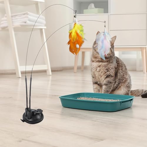 Qpets® Cat Feather Toy Feathered Teasing Wand Dual-Wire Flexible Suction Cup Colored Floor 2 PCS