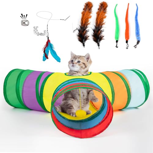 Qpets® Cat Toys Rainbow Tunnel Set - Interactive 11-Piece Cat Toy Bundle with Retractable Wand, Feather Worms & Bells for Active Play, Hunting Instinct Stimulation & Anxiety Relief