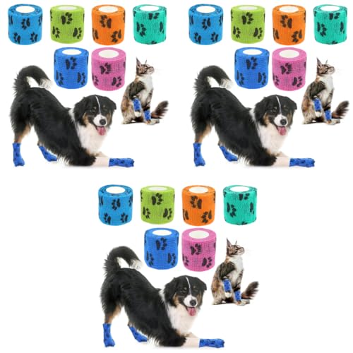 Qpets® 18PCS Dog Bandages for Walk Self-Adhesive Pet with Cute Paw Print Design Waterproof Non-Woven Cat Injury Recovery Wrap Lick-Proof Breathable 7.5x5.4cm Total Length 4.5M