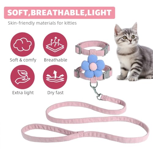 Qpets® Cat Harness with Leash Set for Kitten Quick Release Buckle Escape-Proof Cute Flower Small Pet Belt Outdoor Walking Travel M Chest 27-43cm Neck 23-33cm 2PCS
