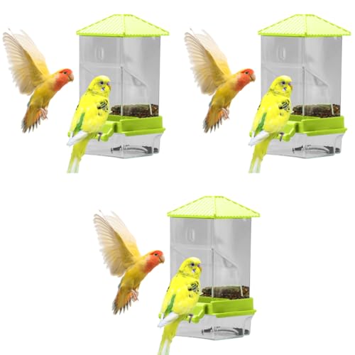 Qpets® Parrot Feeder for Cage Birds No Jam Transparent Food Container with Removable Perch Catch Tray 7.9x8.3x18.5cm Bird Box for Parakeets Cockatiels 3 PCS