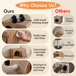 Qpets Wooden Cat House with Enclosed Hideaway, Dual Scratch Stations and Climbing Ramp