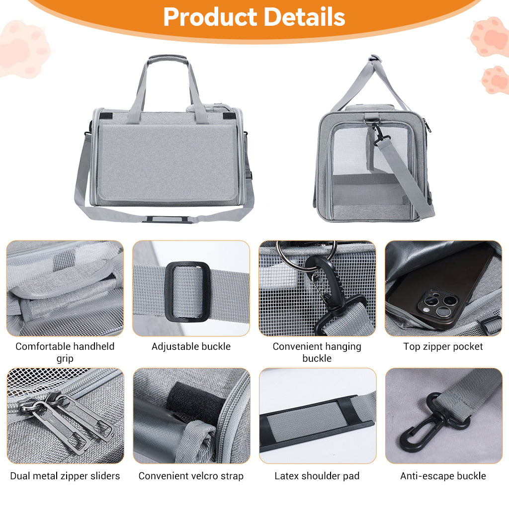 Qpets Cat and Small Dog Carrier Bag with Five-Side Mesh, Foldable Storage and Adjustable Strap