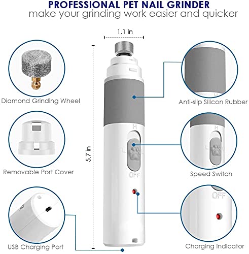 Qpets Dog Nail Grinder with Diamond Bit & Stepless Speed for 3h Use | Quiet Motor for Pets