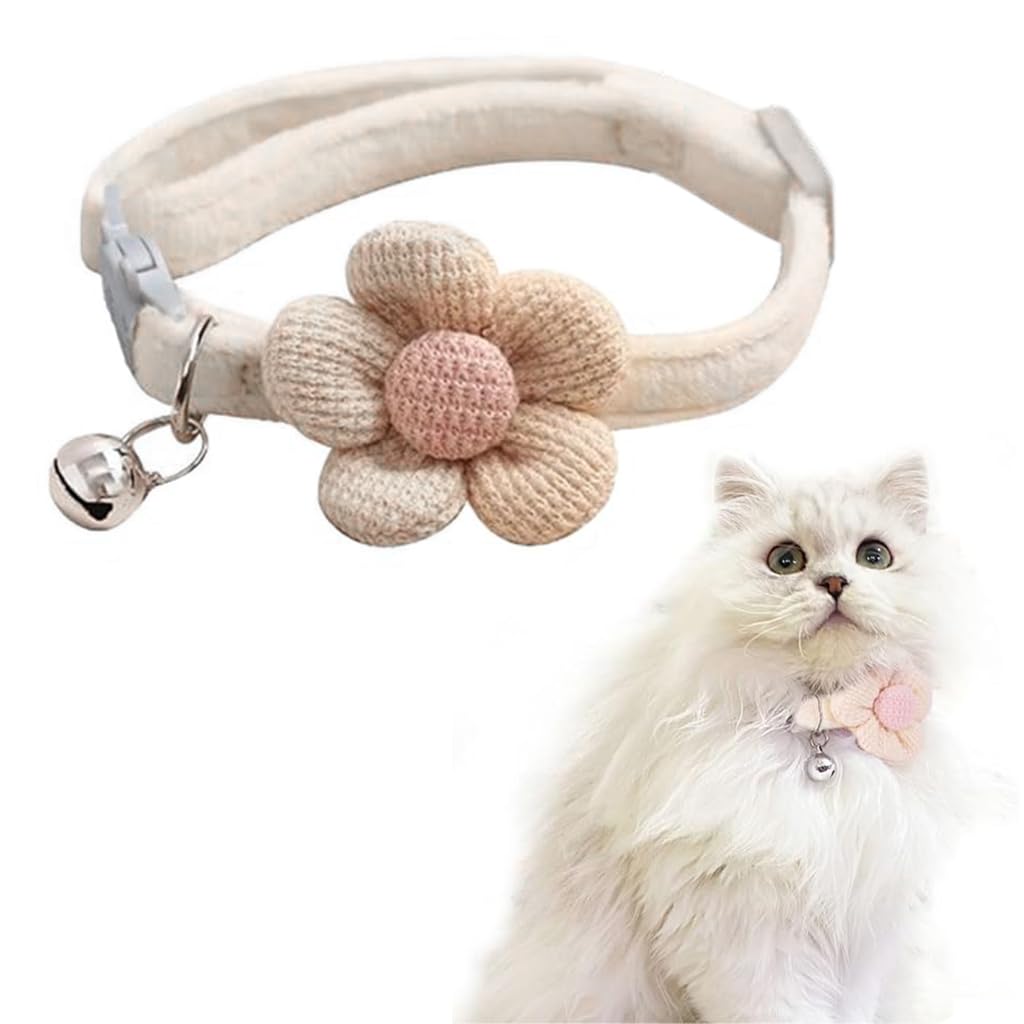Qpets Cat Collar with Bell featuring Crochet Flower and Quick Release Buckle, 19–32cm Beige