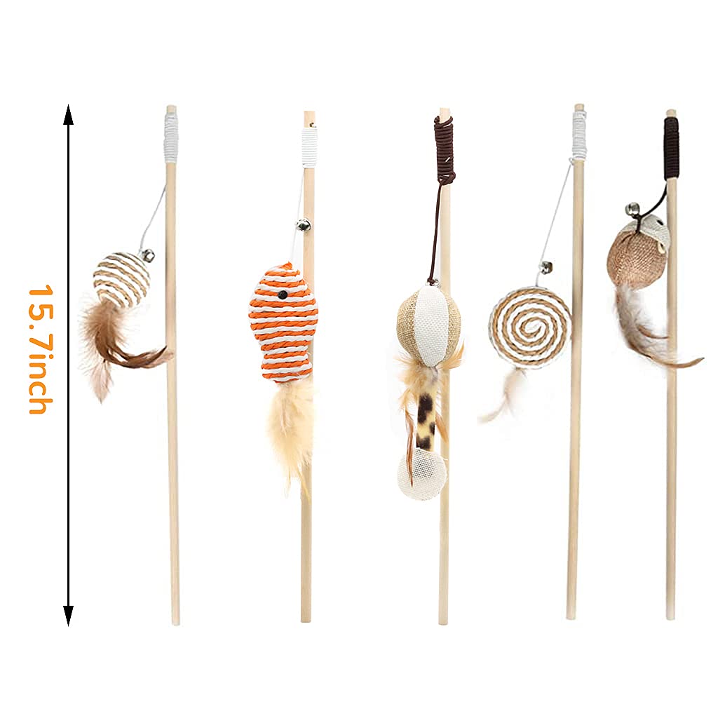 Qpets Cat Toy Interactive Set of 5 for Kittens with Teaser Wand and Natural Feathers