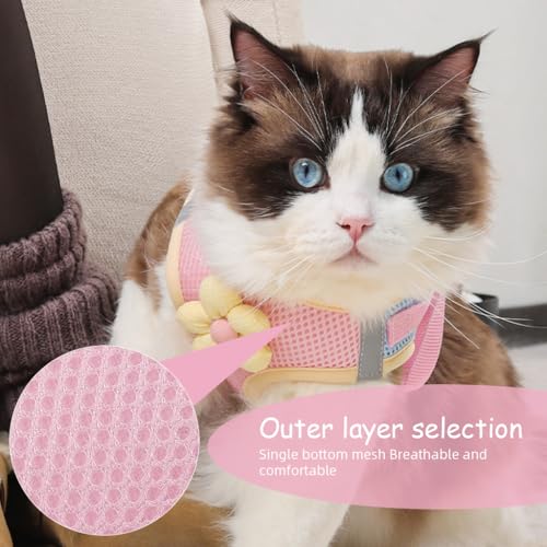 Qpets® Cat Vest Harness with 1.5m Leash Cute Flower Belt Breathable Mesh Quick Release Buckle 360 Swivel Hook Design for Outdoor Walking Travel M Bust 35-40cm 2PCS
