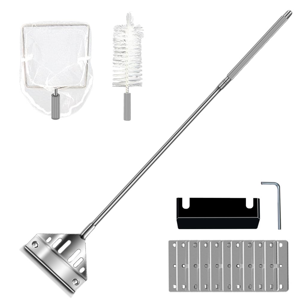 Qpets Aquarium Cleaning Tool with 16.5 in Stainless Steel Handle and 3 Attachments | Includes 10 Scraper Blades