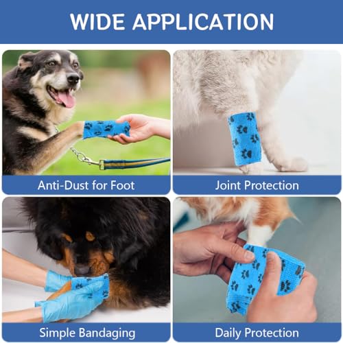Qpets® Dog Bandages for Walk, Self-Adhesive Pet Wrap with Cute Paw Print, Waterproof & Breathable Non-Woven, Lick-Proof Recovery Bandage for Cat/Dog Wounds (2Pack)
