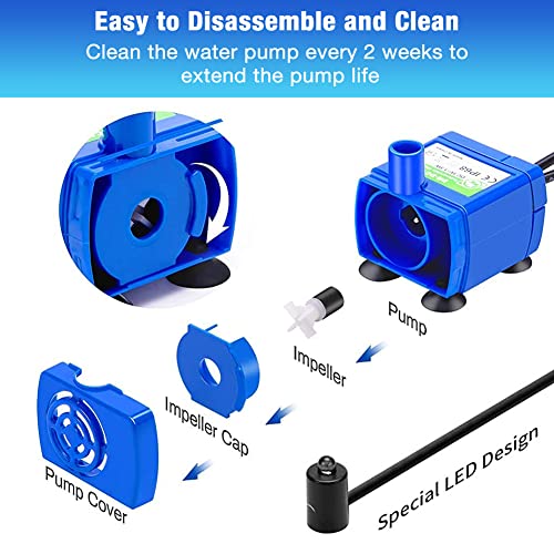 Qpets® Pet Water Fountain Pump Silent Upgraded USB Air with LED Indicator Light Automatic Power Outage After Shortage 5V Replacement 160L/h Max 2PCS