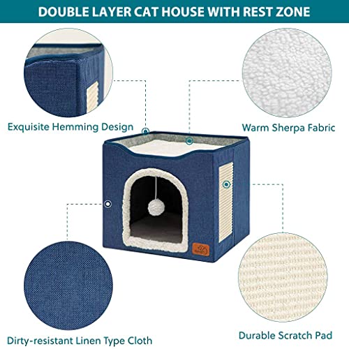 Qpets® Cat Beds for Large House Cave with Fluffy Ball Hanging Toy and Scratch Pad Foldable Hideaway Blue 16.5x16.5x14 inches 2 PCS
