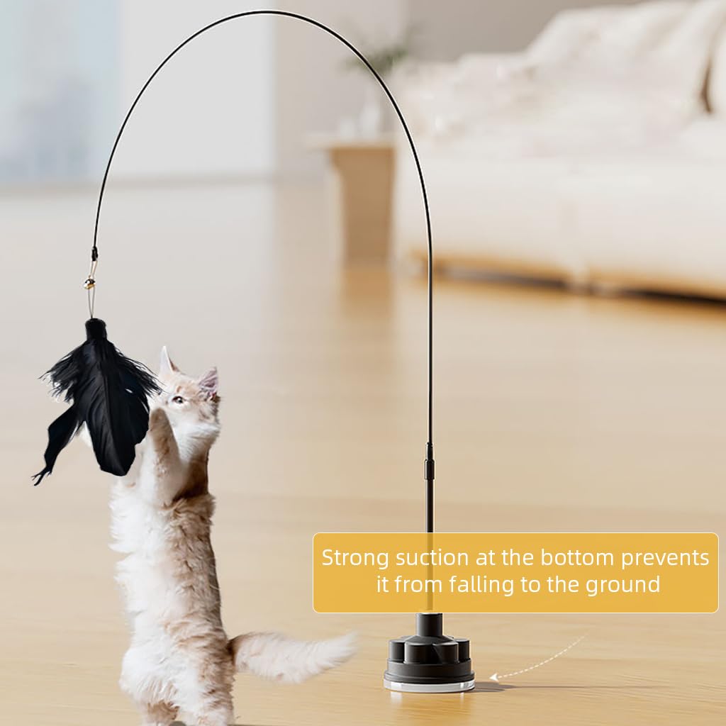 Qpets Interactive Cat Toy for Independent Play featuring Twist Lock Suction Cup and Black Feather