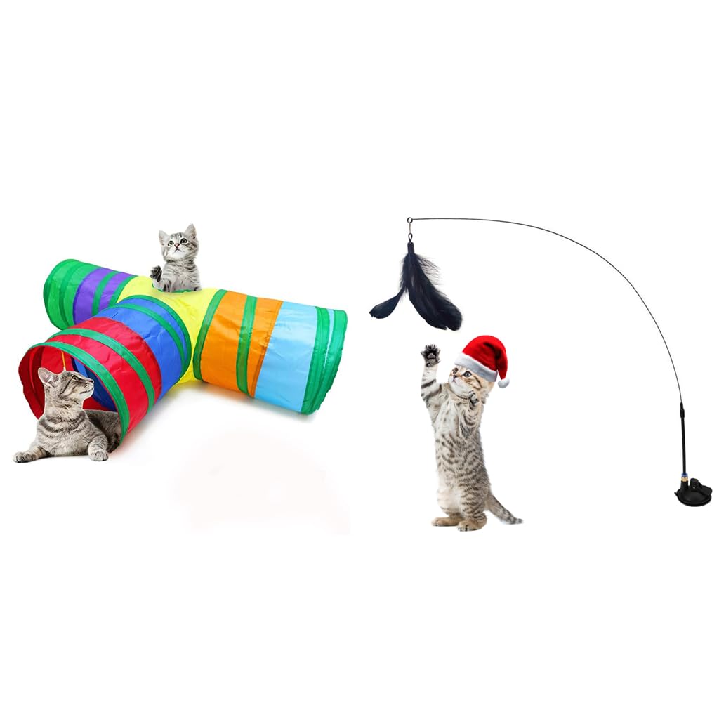 Qpets Cat Tunnel Toy Set for Indoor and Outdoor Play with 3 Way Rainbow Tube & Feather Wand