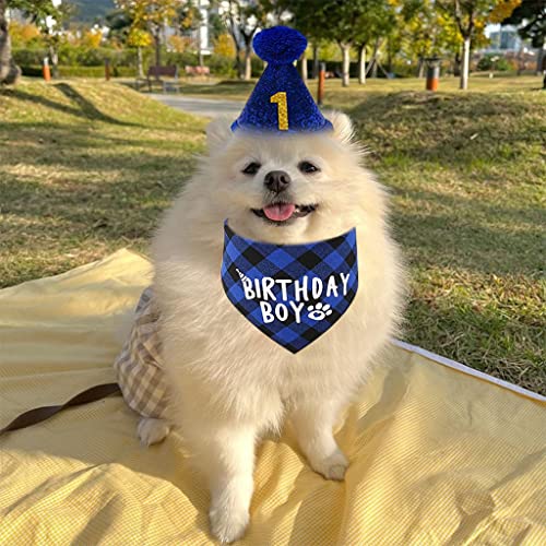 Qpets® Dog Gifts Hat for Birthday Cute Party Bandana Supplies Set Number Label Square Scarf Doggie Blue Pack of 1 3PCS