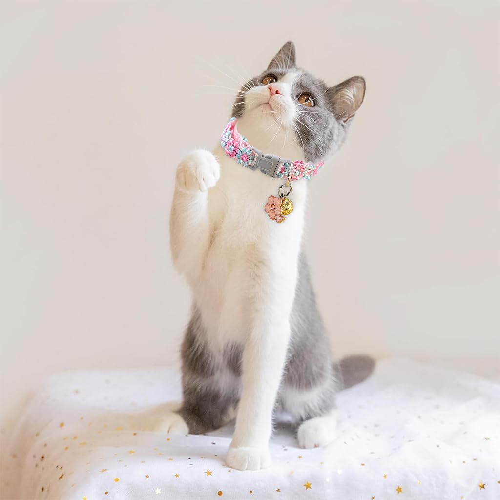 Qpets Cat Collar with Bell and Quick Release featuring Floral Embroidery Charm Pink 2PCS