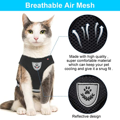 Qpets® Cat Harness for Small Pets Adjustable Belt with Safety Reflective Strip Breathable Vest Mesh Fabric Accessories Leash Black Suitable for 1-2.5 KG 2PCS