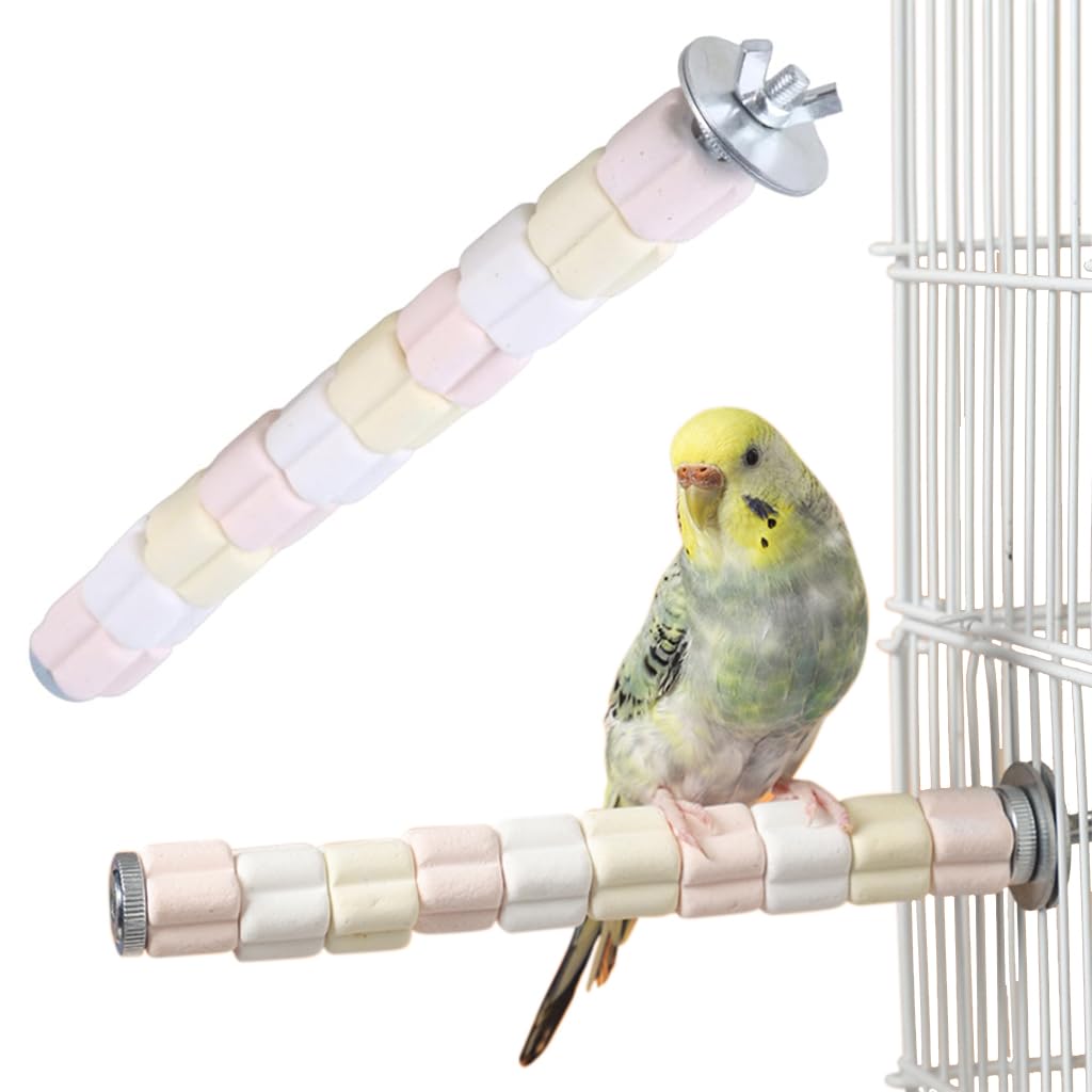 Birds Perching Stick for Birds Cage 7.8'' Cute Marshmallows Perching Stick 2 in 1 Parrot Perching Stick Ceramic Claw Grinding Stick Screw Mounting Perching Stick for Birds Cage