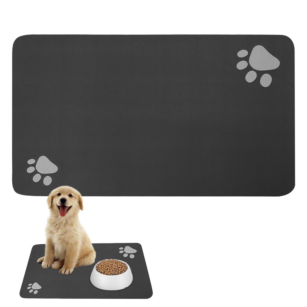 Qpets Cat Dog Food Mat 50x30cm for Feeding Areas with Quick-Dry Diatom Surface | Non-Slip Black Floor Protection