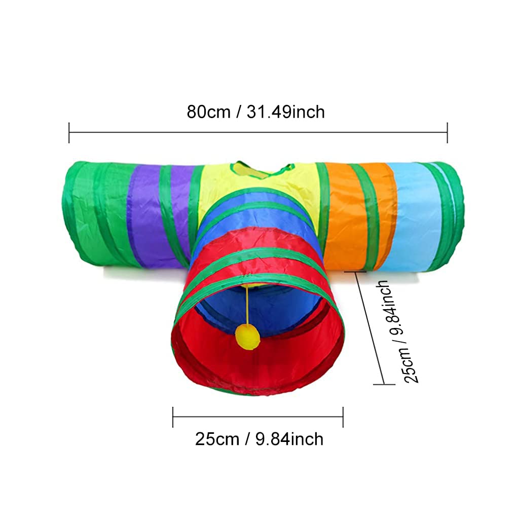 Qpets® 3 Way Rainbow Tunnel Cat Toy Combo with Collapsible Play Tube and Feather Teaser Wand, Interactive Kitten Toys Set for Indoor Outdoor Exercise, Training, Hiding & Play