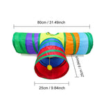 Qpets® 3 Way Rainbow Tunnel Cat Toy Combo with Collapsible Play Tube and Feather Teaser Wand, Interactive Kitten Toys Set for Indoor Outdoor Exercise, Training, Hiding & Play