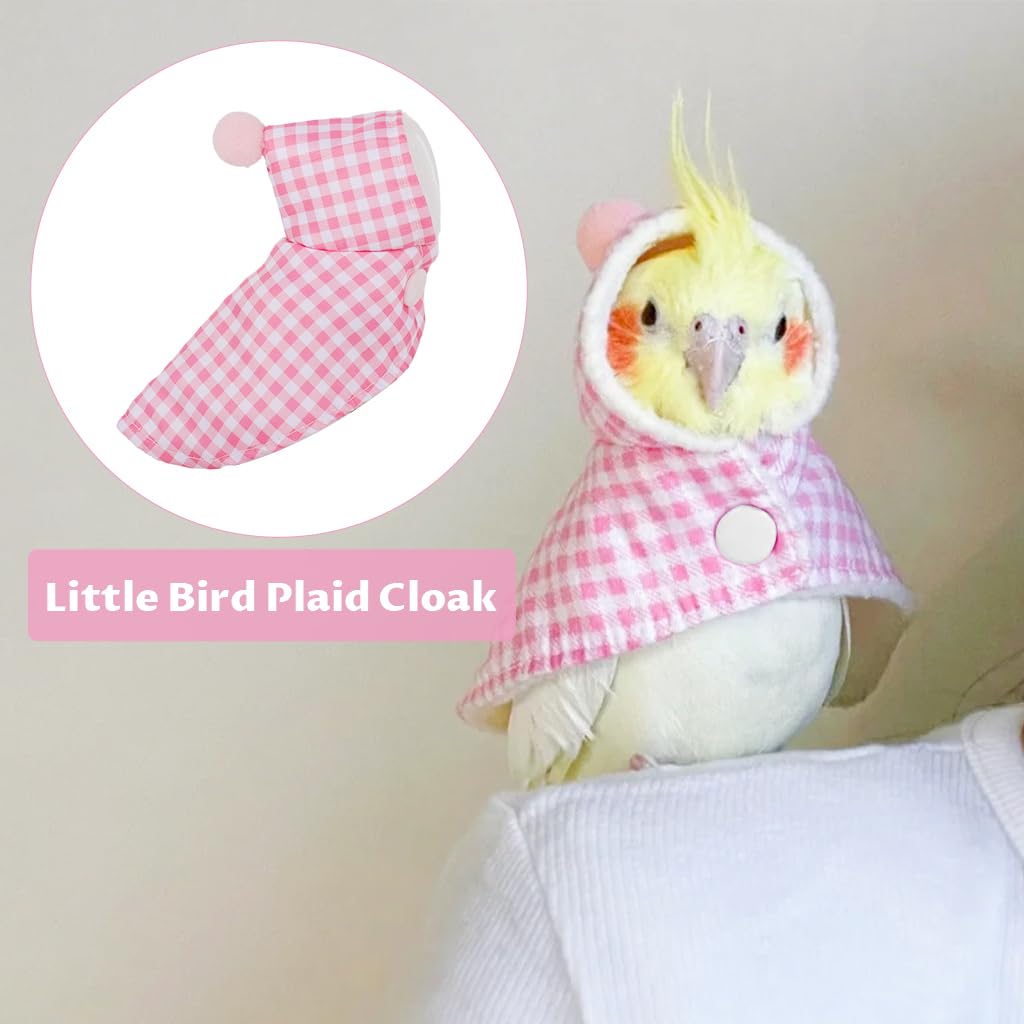 Qpets Bird Clothes for Winter with Snap Button Closure and Pink Checkered Plush Cloak | Cozy Hooded Coat for Parrots