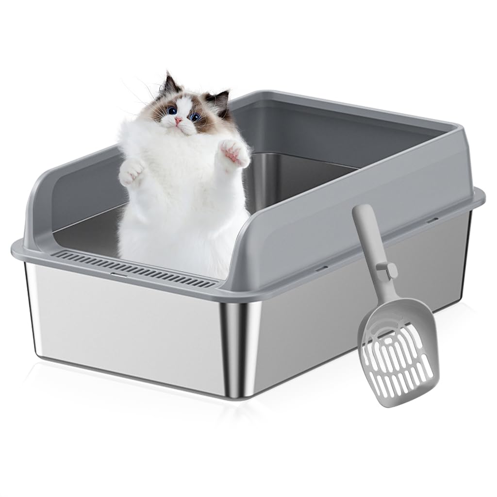 Qpets Cat Litter Box 50x35x20cm for Under 10kg Cats with Anti Tip Base and 304 Stainless Steel Walls | Includes Scoop and 4 Non Slip Mats