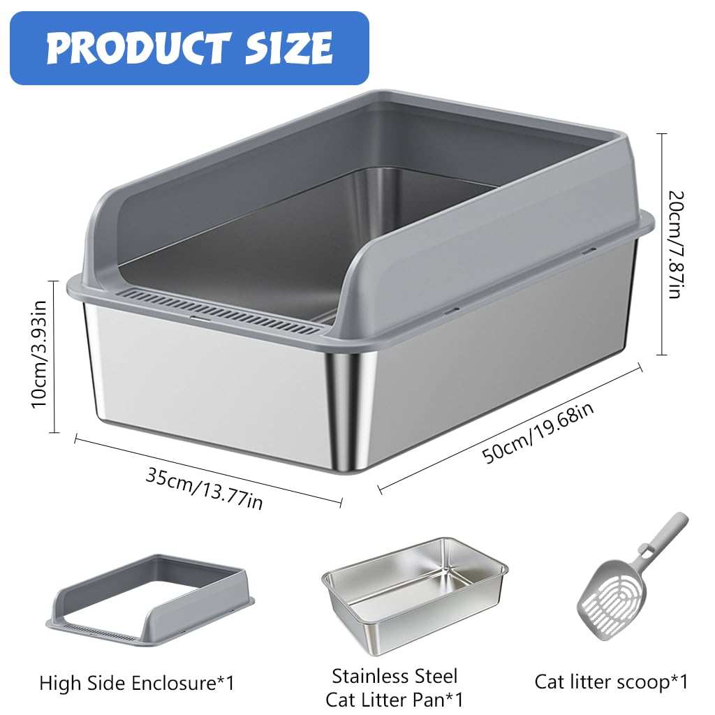Qpets Cat Litter Box 50x35x20cm for Under 10kg Cats with Anti Tip Base and 304 Stainless Steel Walls | Includes Scoop and 4 Non Slip Mats