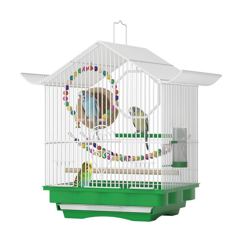 Qpets® Pet Parakeet Manor Bird Cage with Handle, Versatile Carrier for Home or Travel, Small Bird Accessories, Easy Storage for Canaries, Budgies, Finches, Parakeets, and More-White