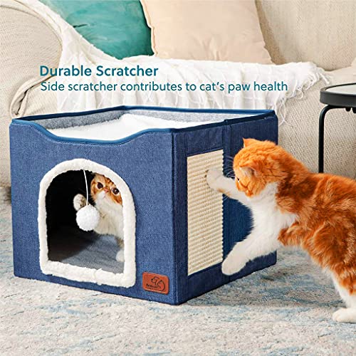 Qpets® Cat Beds for Large House Cave with Fluffy Ball Hanging Toy and Scratch Pad Foldable Hideaway Blue 16.5x16.5x14 inches 2 PCS