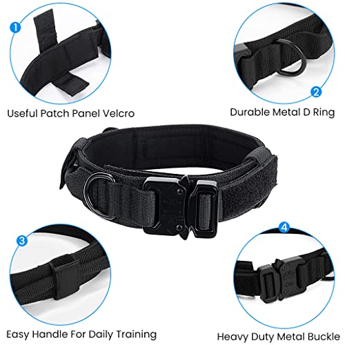 Qpets® Dogs Collar for Large Adjustable Nylon Tactical Belt with Strap Handle Training Quick Release Metal Buckle Medium Adult 43-52Cm Black 2PCS