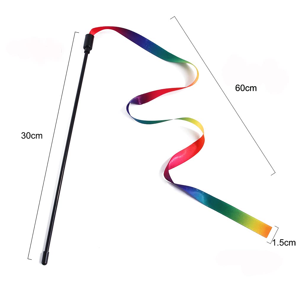 Qpets Cat Rainbow Wand Toys for Interactive Play with Colorful Satin Ribbon | 4PCS Set