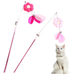 Qpets Cat Toys for Interactive Play with Flower Feather Wand and Bell | 2 pcs Red and Pink