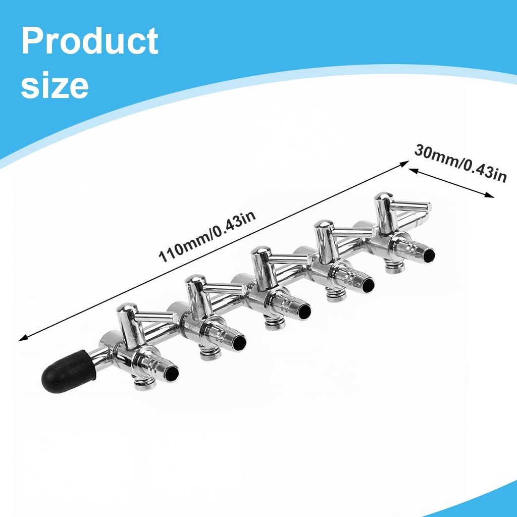Qpets Aquarium Air Pump Manifold for Multiple Tanks featuring 1-to-5 Outlets with Individual Control Valves and Stainless Steel Build