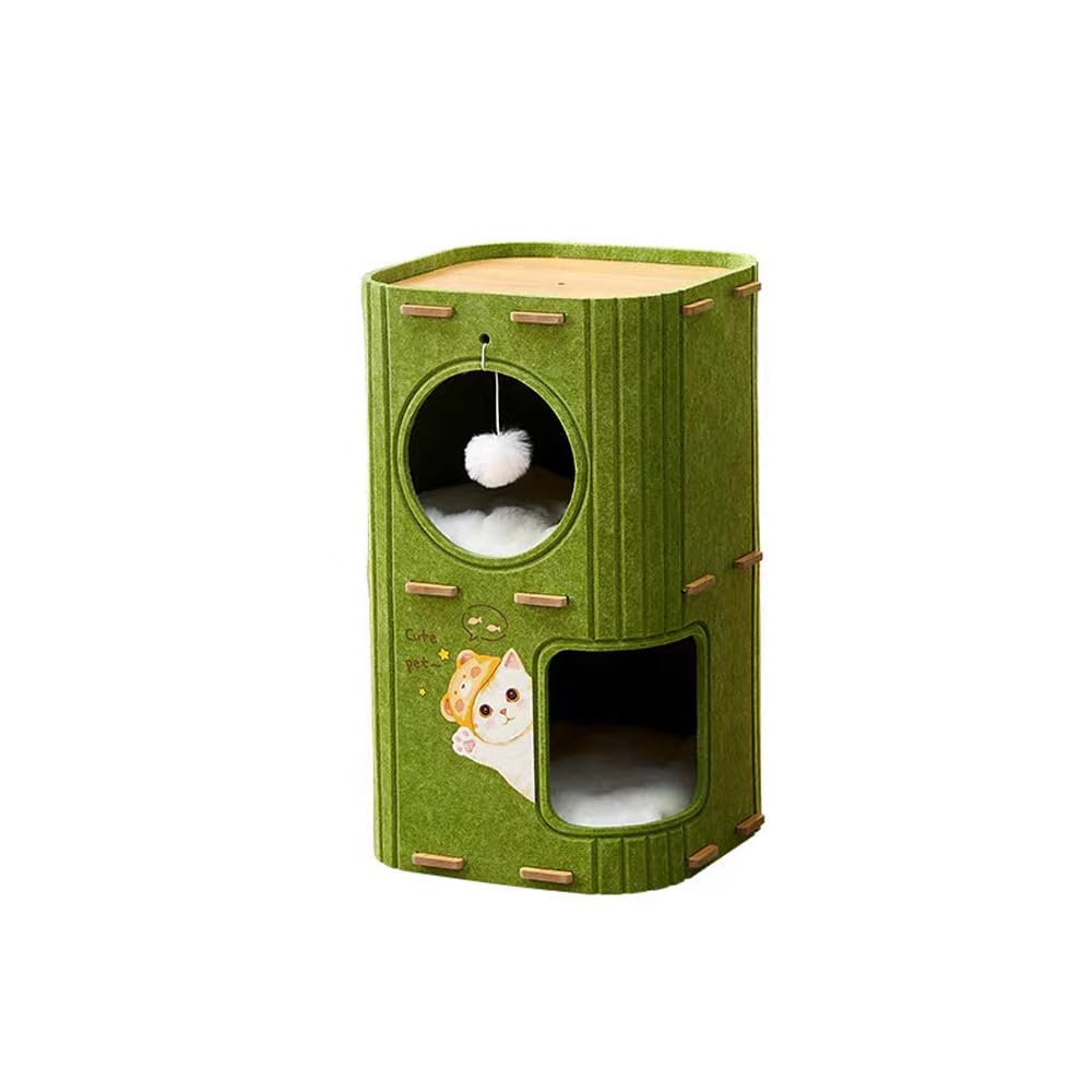 Qpets® Double Layer Felt Cat Hiding Cave Scratcher Cat House, Dual Door Holes Design, DIY Assembly Roofed Pet Play House with Hanging Fur Ball
