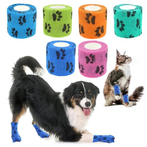 Qpets® Dog Bandages for Walk, Self-Adhesive Pet Wrap with Cute Paw Print, Waterproof & Breathable Non-Woven, Lick-Proof Recovery Bandage for Cat/Dog Wounds (2Pack)