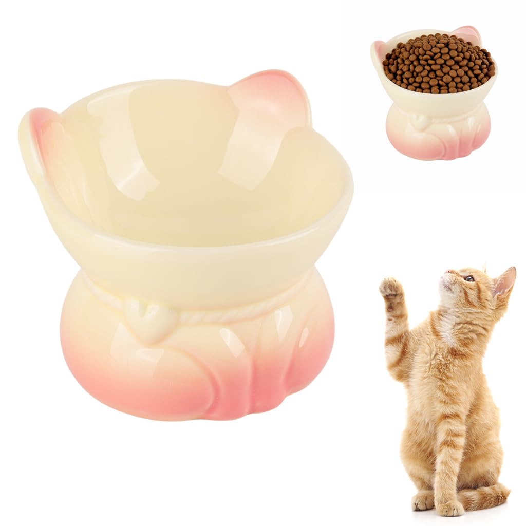 Qpets® Elevated Cat Bowl, Ceramic Pet Cat Dog Food Bowl, Non-Slip & Easy Clean & Anti-Vomit Pet Feeding Dish Aids Digestion & Reduces Neck Strain - 240ml