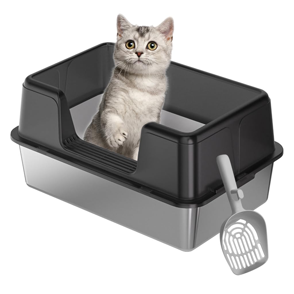 Qpets Stainless Steel Cat Litter Box for Large Cats 50x28x35cm with Elevated Anti‑Splash Guard | Easy to Clean