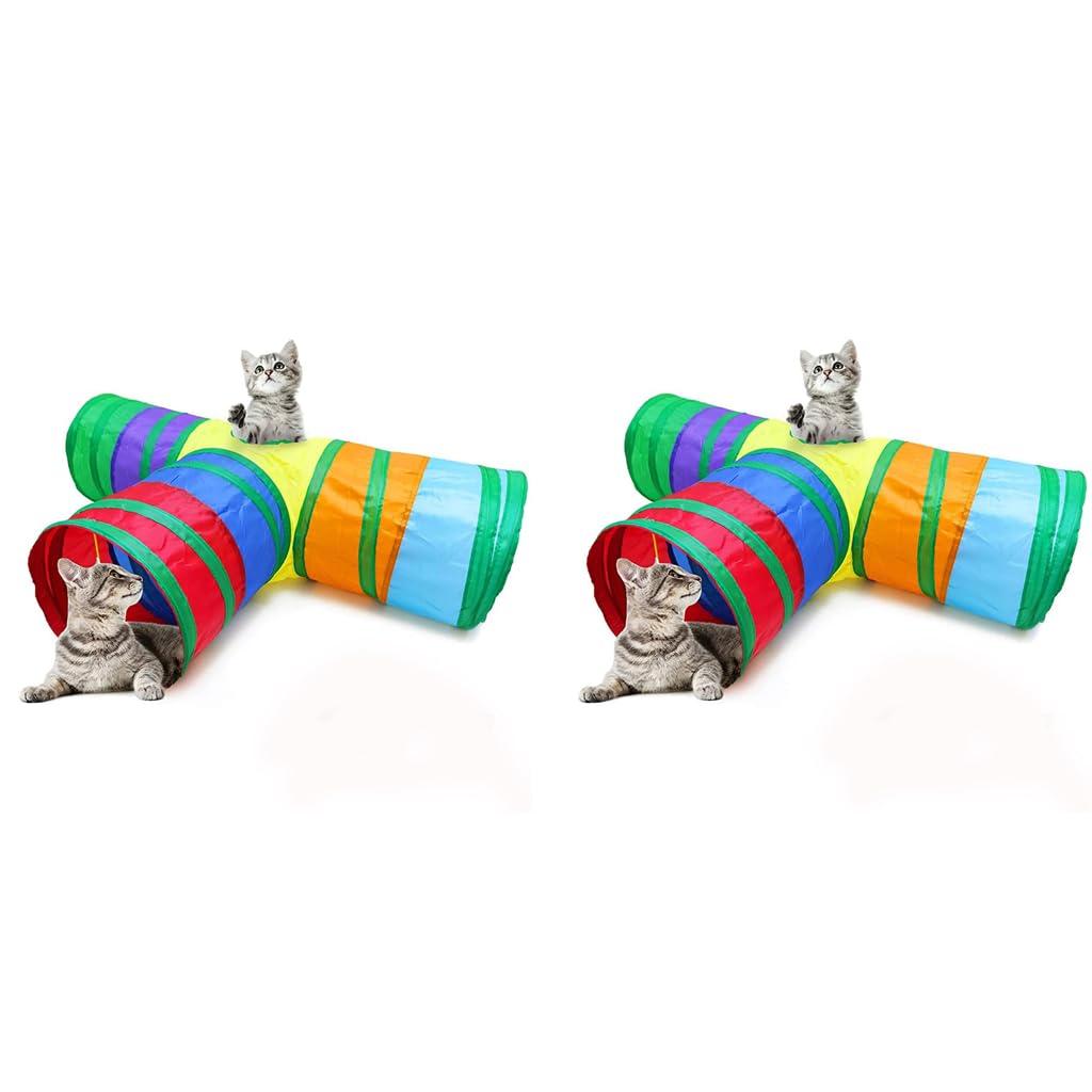 Qpets Cat Tunnel Toys for Indoor Play with 3 Way Collapsible Design 25 cm Diameter | Rainbow Color Fun and Crinkle Ball for Kittens
