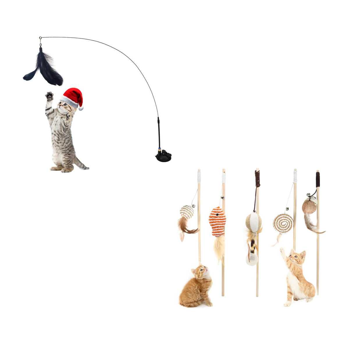 Qpets Interactive Cat Toys Set of 5 with Teaser Wand and Natural Feather Mouse for Indoor Cats