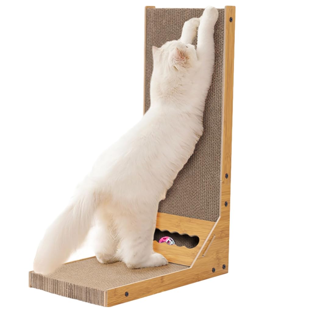 Qpets Cat Scratcher for Furniture Protection featuring 26.8 in L Shape Board with Toy Ball | Cardboard Claw Care Toy