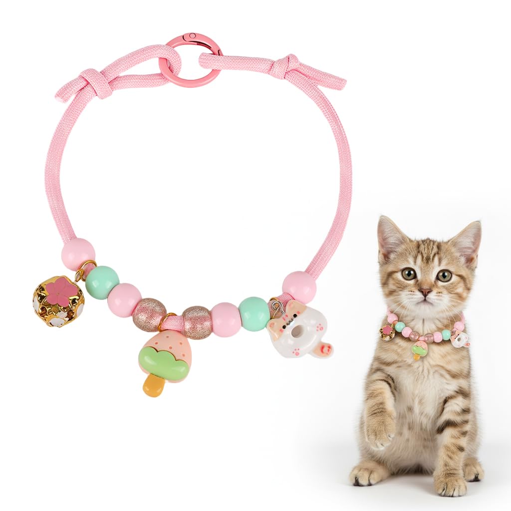 Qpets® Cat Rope Collar with Ring Clasp, Adjustable Handmade Pink Nylon Rope Beaded Fashion Collar with Cute Pendant Ornament Fashion Cat Ornament Accessory Gift