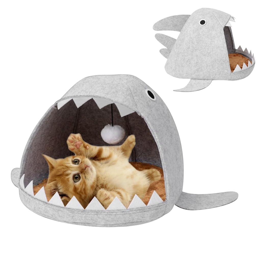 Qpets Cat Bed for All Season Comfort featuring Shark Mouth Design and Washable Cushion | Plush Felt Nest with Hanging Toy