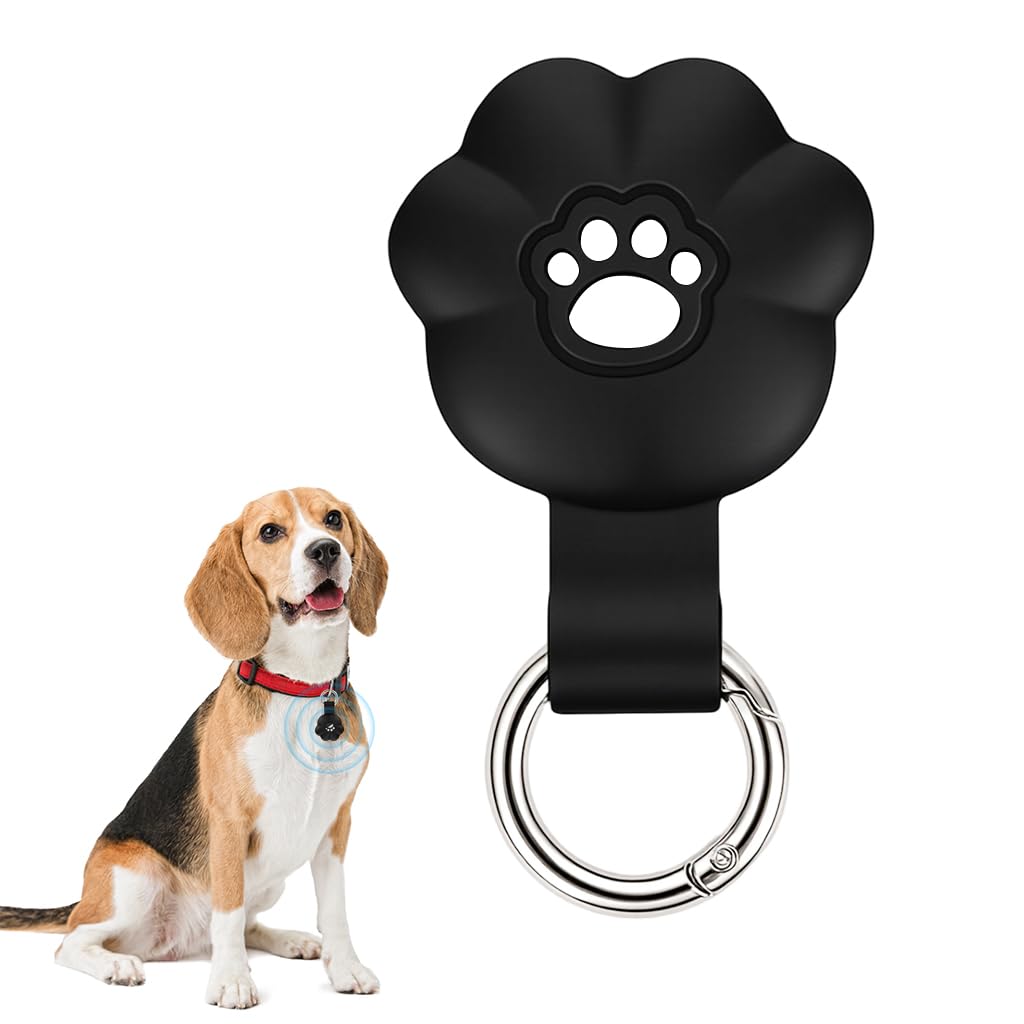 Qpets® Holder for Dogs & Cats, Silicone Waterproof Protective Case with Metal Ring Clasp - Cartoon Dog Paw Design Pet Tracker Cover, Secure Collar Accessory for Keys, Bags & Baggage